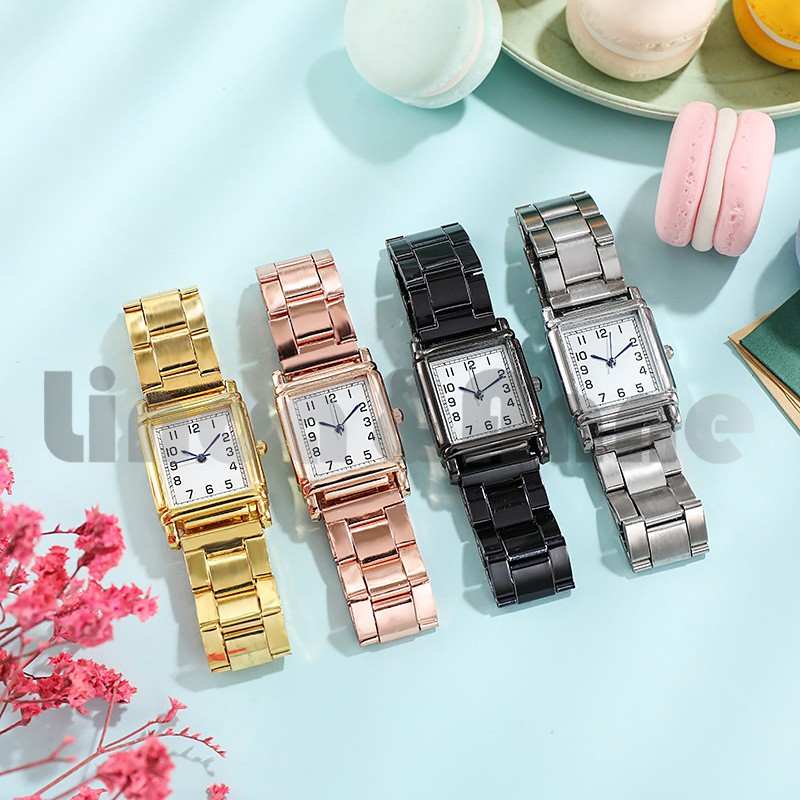 Jam Tangan Wanita Stainless Steel Dial Kotak Analog Quartz Desain Elegan Fashion Import