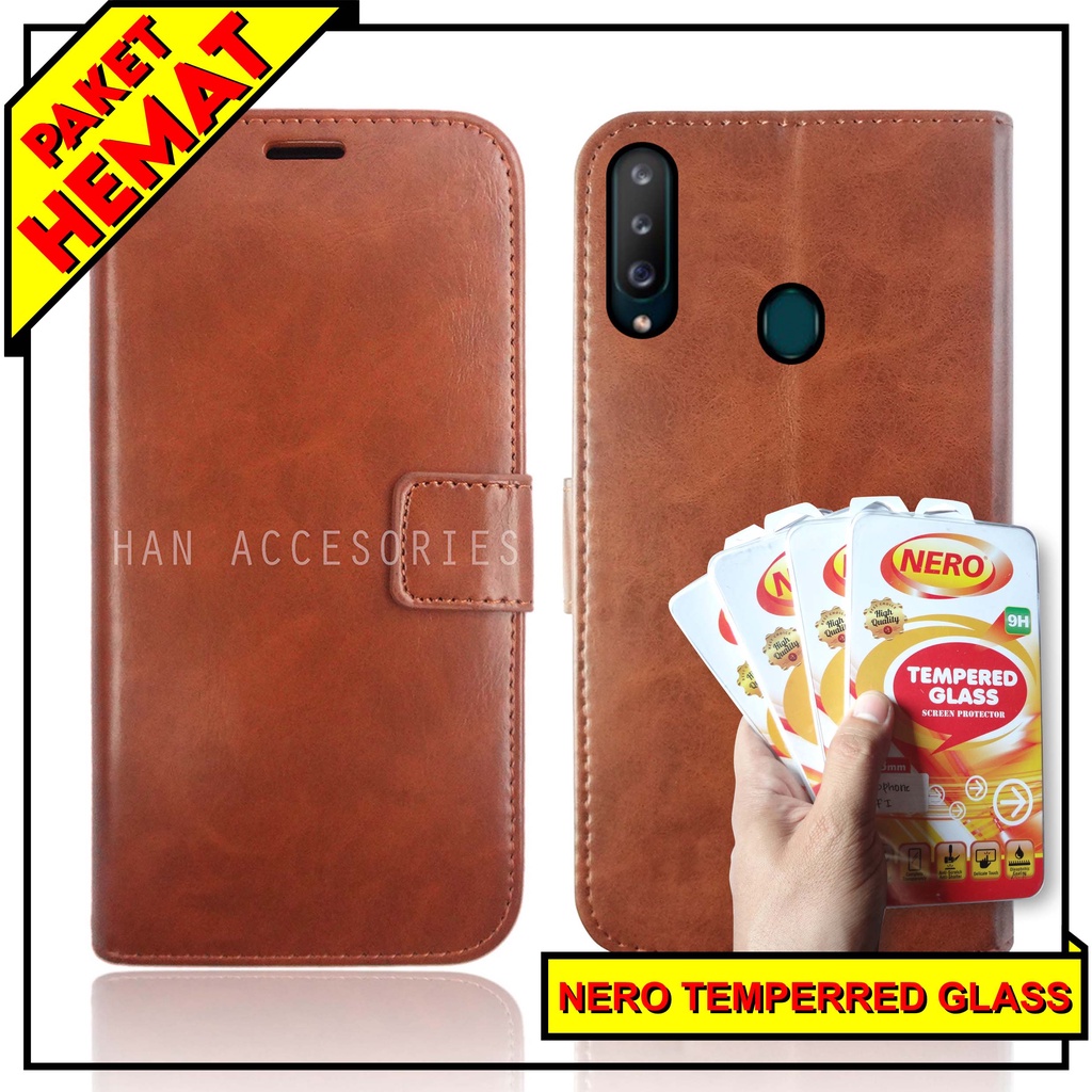 (PAKET HEMAT) Fashion Selular Flip Leather Case Samsung Galaxy A20S Flip Cover Wallet Case Flip Case + Nero Temperred Glass