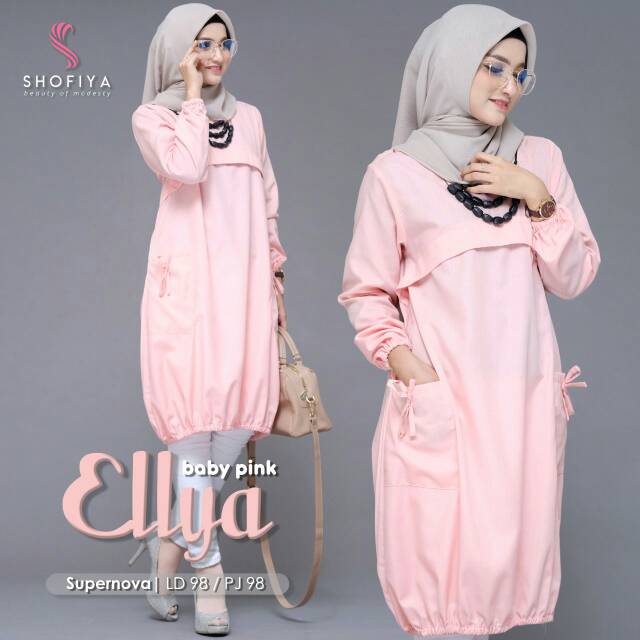 Baju Atasan Tunik Elliya ORI Shofiya Lengan Panjang Karet Polos Warna Mocca Pink Hitam Plain