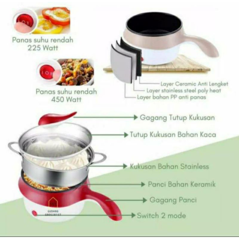 Panci elektrik multifungsi , Panci masak serbaguna + kukus , mug panci listrik  18cm