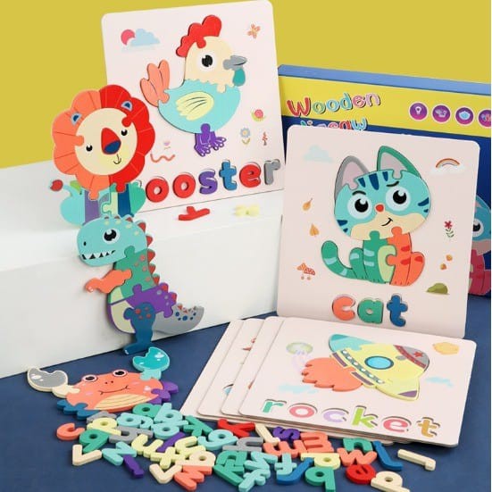 Animal Wooden Jigsaw Wooden Puzzle/Alphabet Wooden Puzzle/Puzzle Huruf dan Binatang/Mainan Edukasi