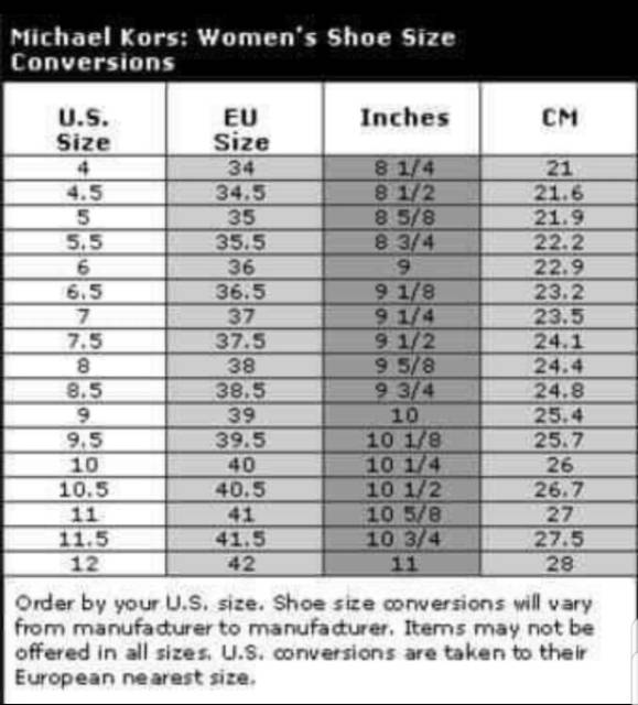 michael kors shoes size chart 