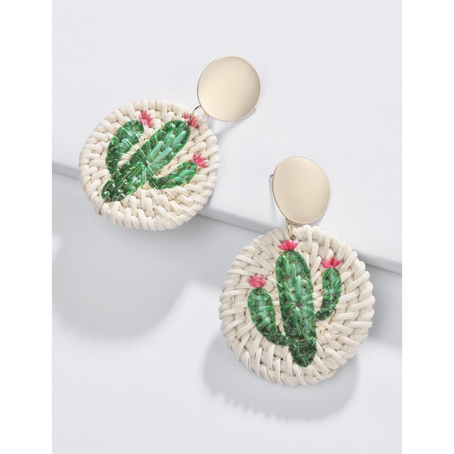 LRC Anting Tusuk Fashion Beige Rattan Printed Round Pineapple Earrings