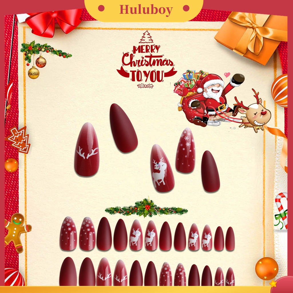 Huluboy Huluboy♡ 24pcs / Set Kuku Palsu Full Cover Desain Natal Untuk Manicure
