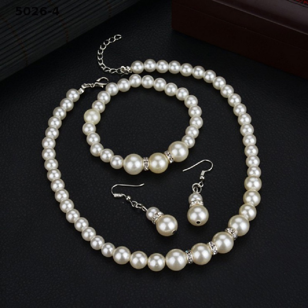 5026-4 Women Crystal Pearl Necklaces Bangles Earrings Wedding Charm Jewelry Set Gift 5026-4