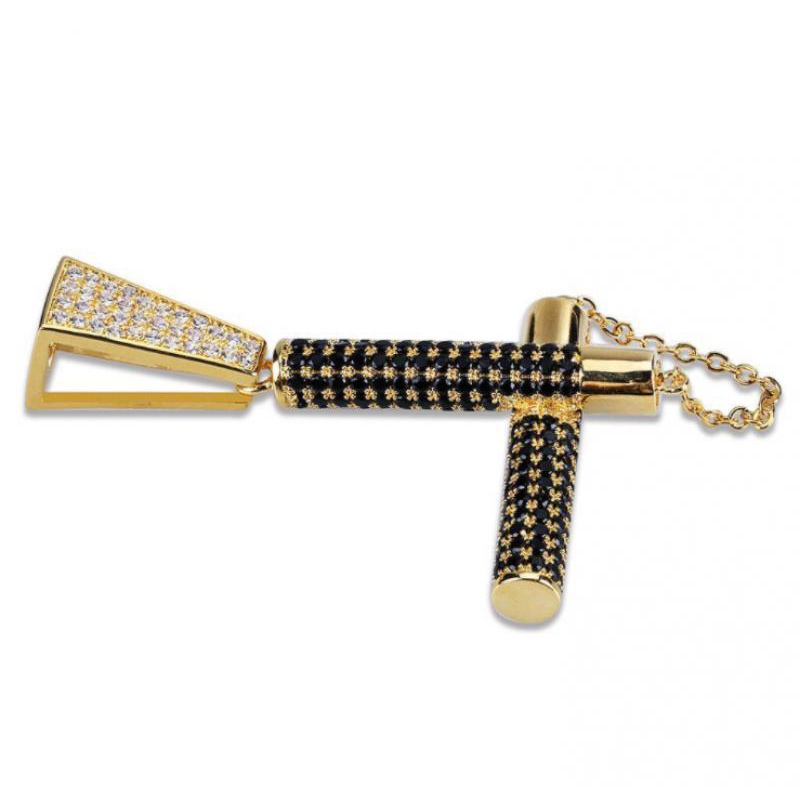 Kalung Rantai Liontin Nunchaku Hias Zircon Hitam Gaya Hip Hop Hipster Untuk Pria