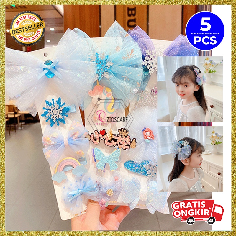 Jepit Rambut Korea Anak Perempuan Motif Pita Frozen 1 Set 5 Pcs Aksesoris jepitan Rambut Lucu bahan import AK120