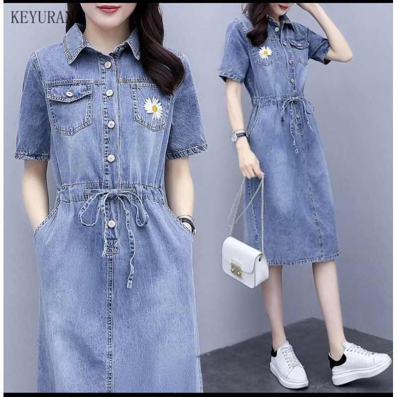 DRESS JEANS WANITA /TUNIK JEANS LENGAN PDK BORDIR KEMBANG DENGAN KANTONG 4