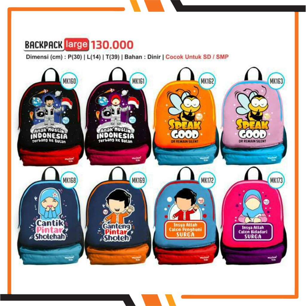 FREE RAINCOVER Tas Anak Muslim Ransel Backpack Karakter Moslem Kids - Backpack LARGE Besar