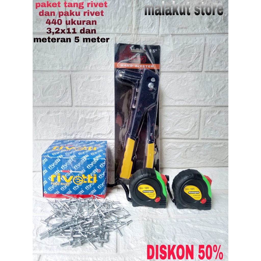 paket tang rivet dan meteran 5 meter+gratis paku ripet 100pcs tang ripet dan paku ripet 100pcs danme