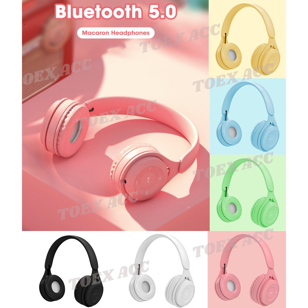 Headphone Gaming Bluetooth + Free Kabel Jack 3.5mm - Headset Wireless Macaron Extra Bass