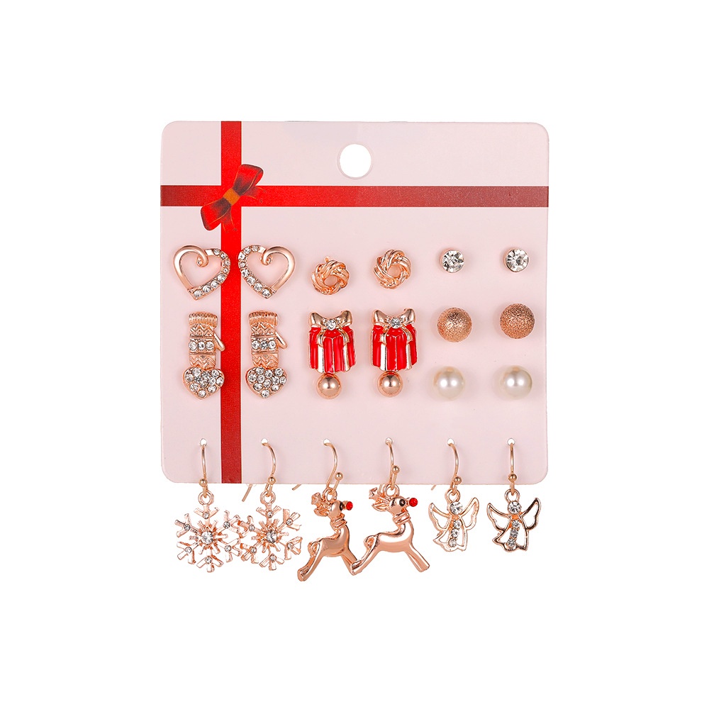 12pcs / Set Anting Tusuk Wanita Desain Pohon Natal / Snowflake / Rusa / Lonceng Untuk Pesta / Hadiah