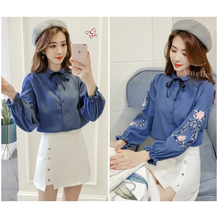 [baju wanita korea] Baju Atasan Pita Kemeja Putih Biru Bordir Wanita Korea Import