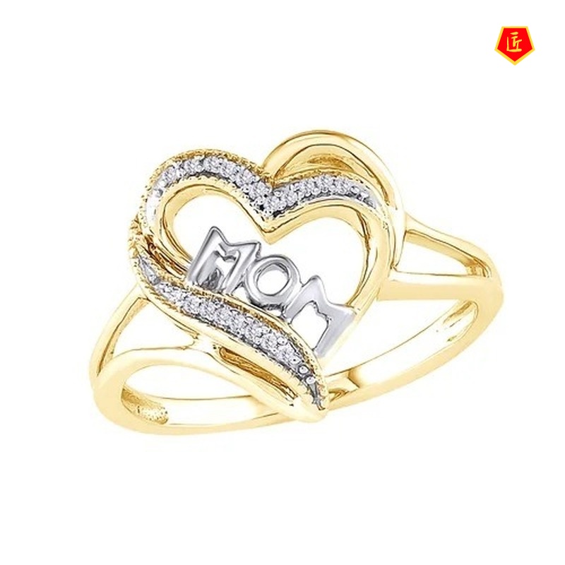 [Ready Stock]Love Mom Heart-Shaped Diamond Ring Minimalist Creative Two-Tone