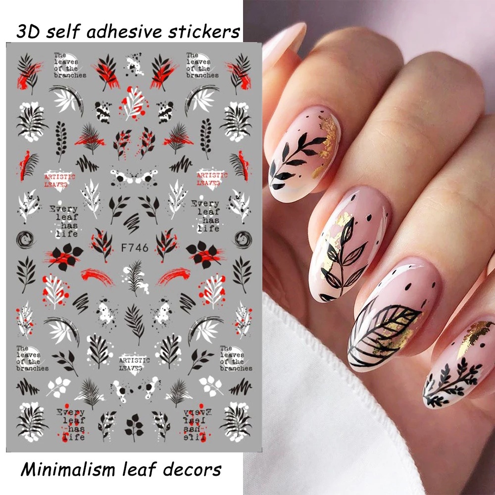 1 Lembar Stiker Kuku 3D Motif Bunga / Kupu-Kupu / Huruf / Geometri Warna Hitam / Putih Untuk Nail Art DIY