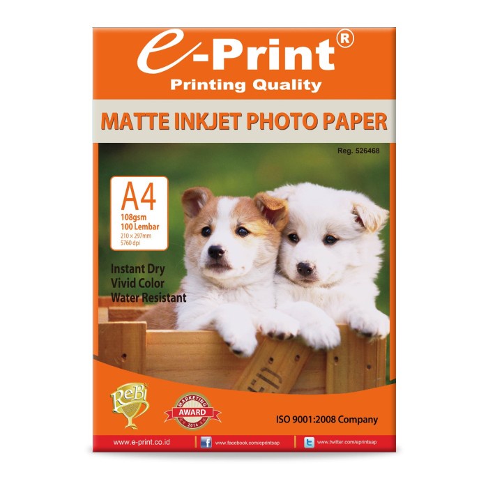 

Senikertas- Kertas Foto E-Print Matte Inkjet Paper 108Gsm -Kertas-Seni.