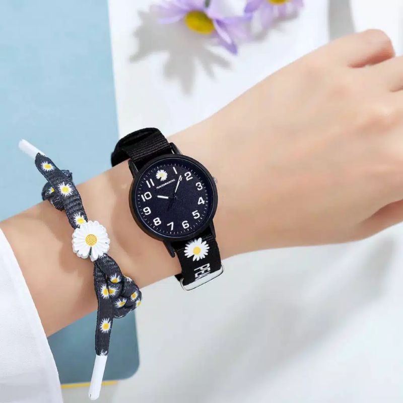 (GROSIRJAYA32) Jam Tangan Wanita Quartz Analog Motif Bunga Daisy Bahan Nilon Kanvas Women Watch Couple Pria