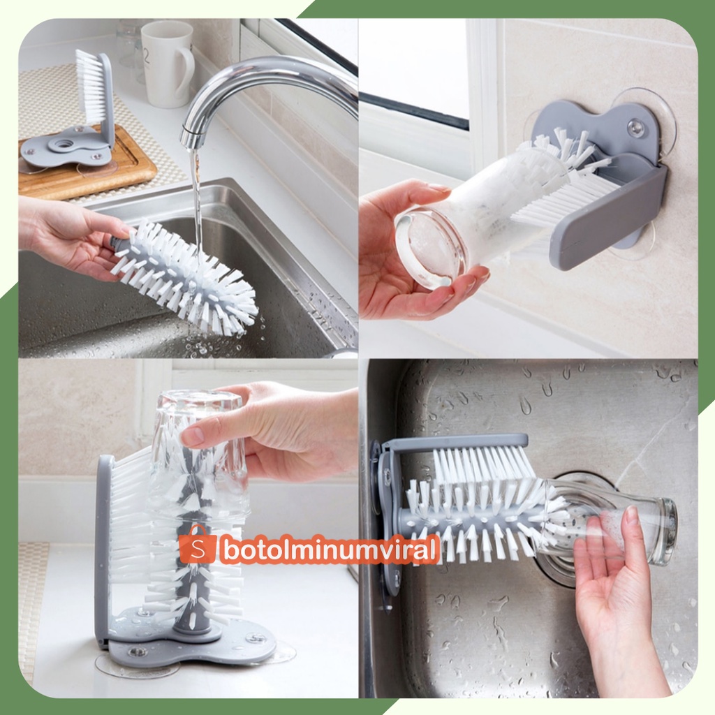 Sikat Botol Gelas Tempel Wastafel Sikat Cuci Serbaguna Pembersih Bahan PP PVC Premium Alumunium Brush Elastis Abu-abu Putih Praktis Elegan Unik Multifungsi Easy to Install untuk dinding Wastafel Keramik dengan psuction cup mudah digunakan dipasang