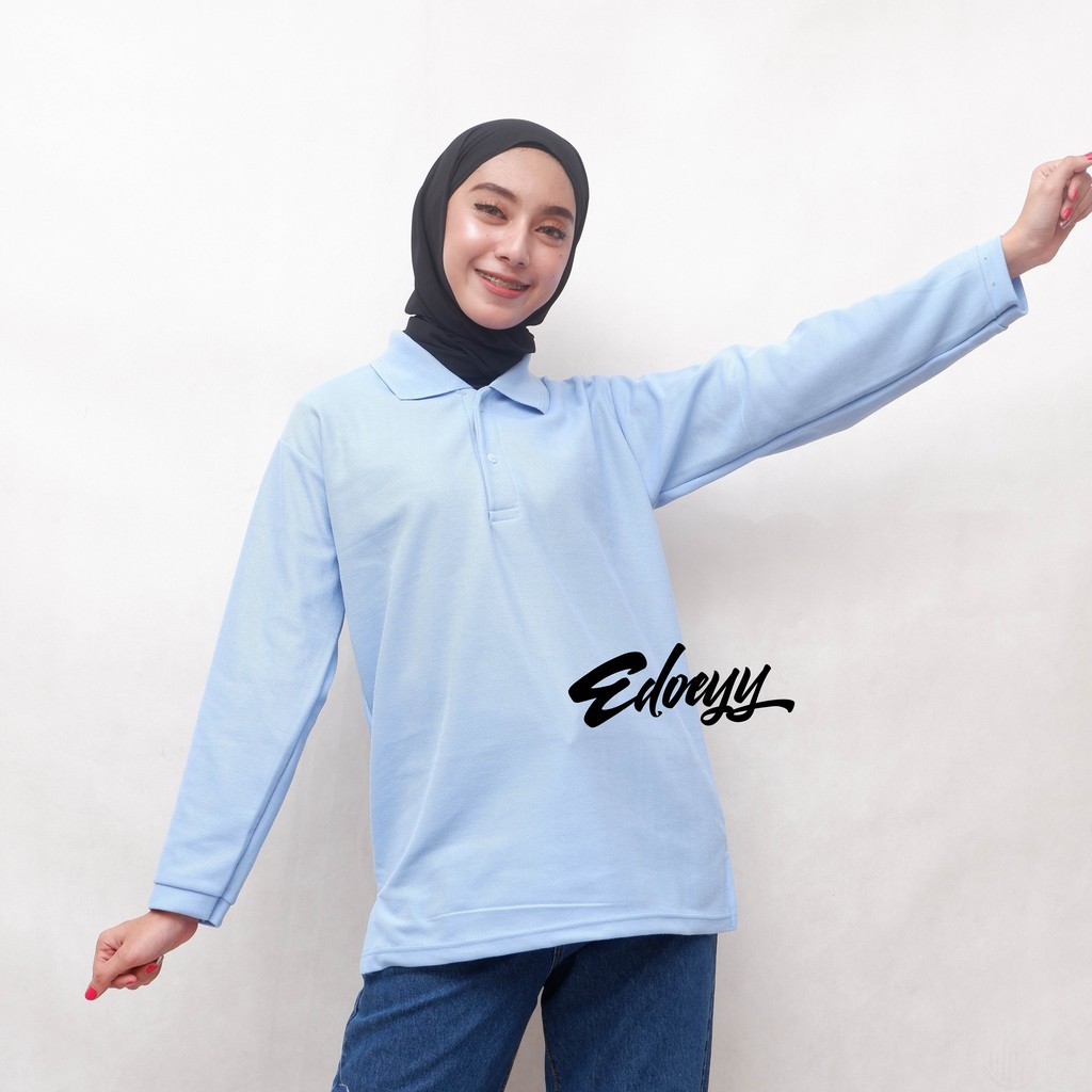 Kaos Polo Shirt Wanita Lengan Panjang BIRU MUDA - Baju Kerah Berkerah Cewek Lengan Panjang