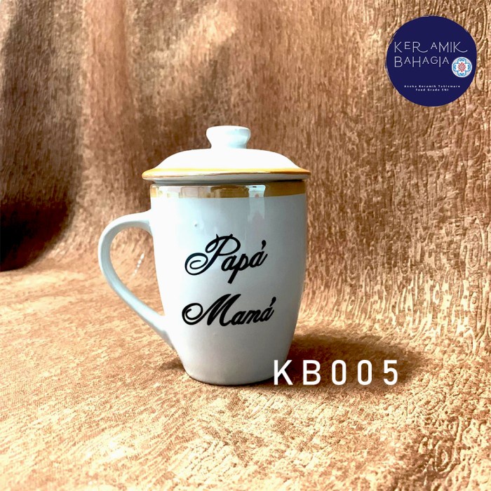 Mug Gagang / Gelas Keramik Couple Papa Mama + Tutup
