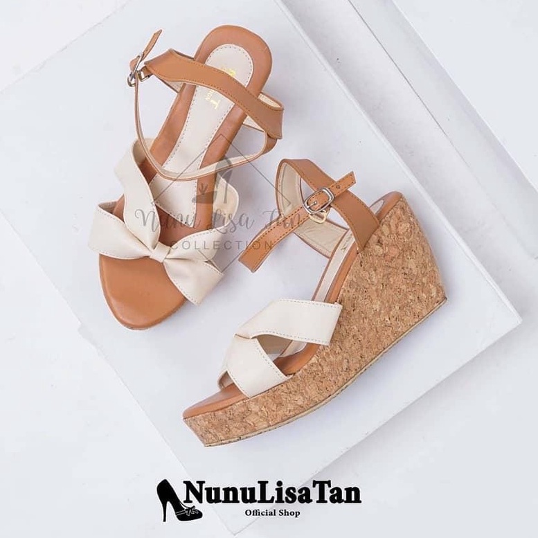 NunuLisaTan -  Sepatu Wedges Wanita Murah Tinggi 7cm Cream