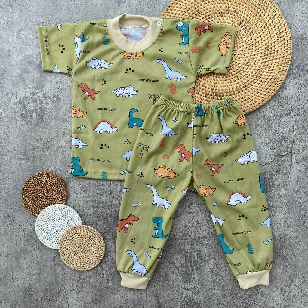 Setelan Baju Bayi Piyama Bayi lengan Pendek Celana Panjang Kancing Pundak Motif Printing Dino Usia 3-12 Bulan Almeera Baby and Kids