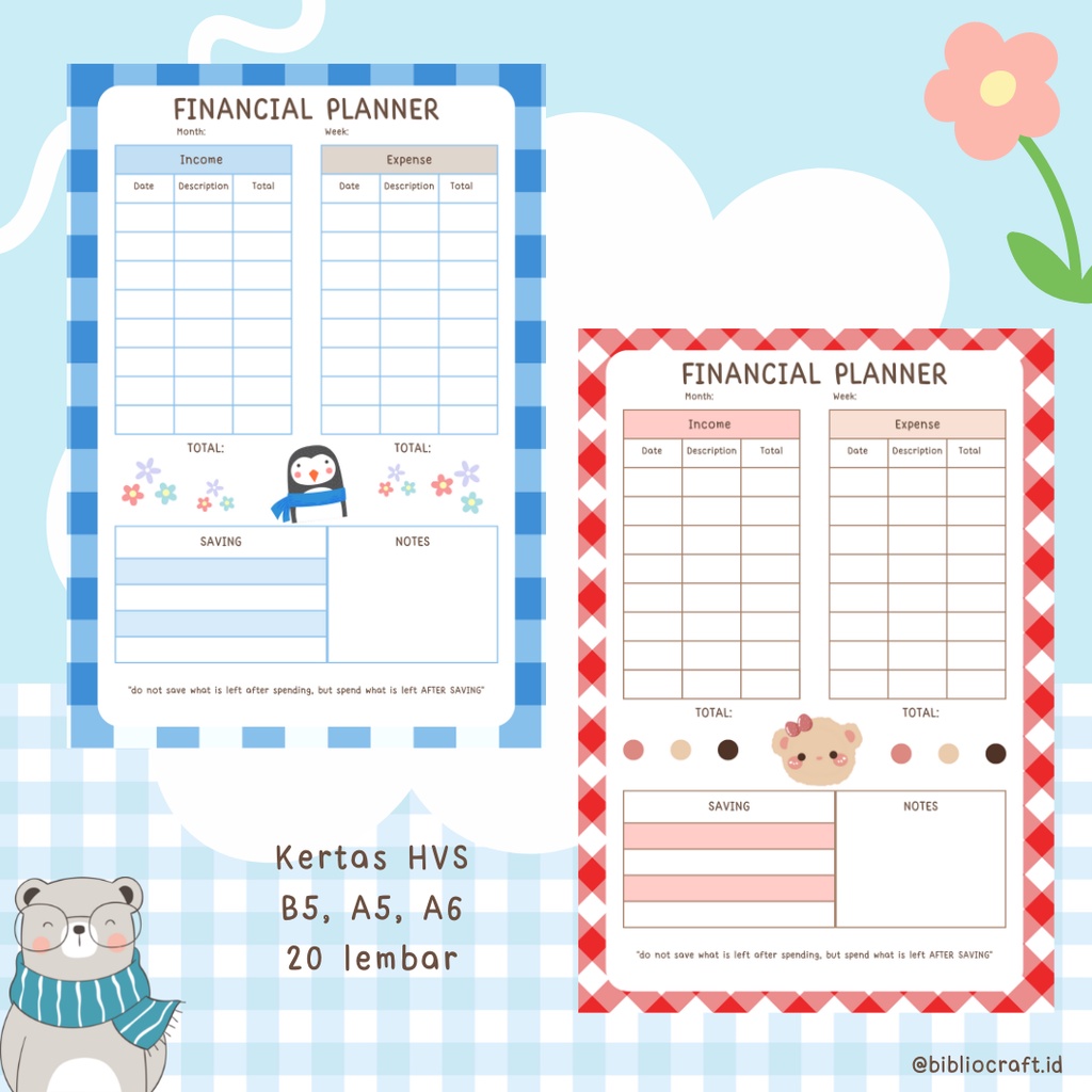 

Financial Tracker / Expense Tracker / Planner Keuangan Refill binder B5, A5 & A6 by Bibliocraft.id - Gingham Series .