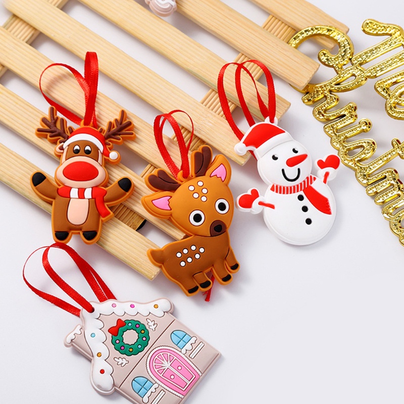 8pcs Ornamen Gantung Desain Kartun Santa Elk Mini Bahan PVC Untuk Dekorasi Pohon Natal Charms