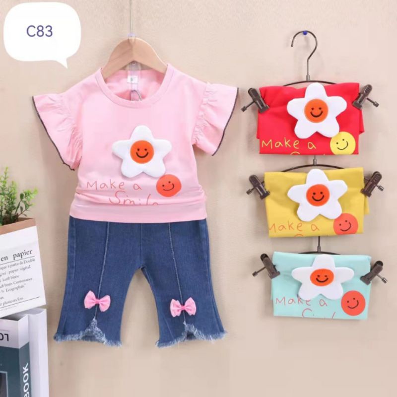 1-4 Tahun setelan Jeans Anak termurah Set Kaos Ruffle dan Celana Jeans Import Setelan anak perempuan Import