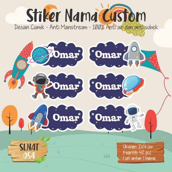 

terbatas sticker label nama anak kartun waterproof antariksa galaxy SLNAT-054 Berkualitas