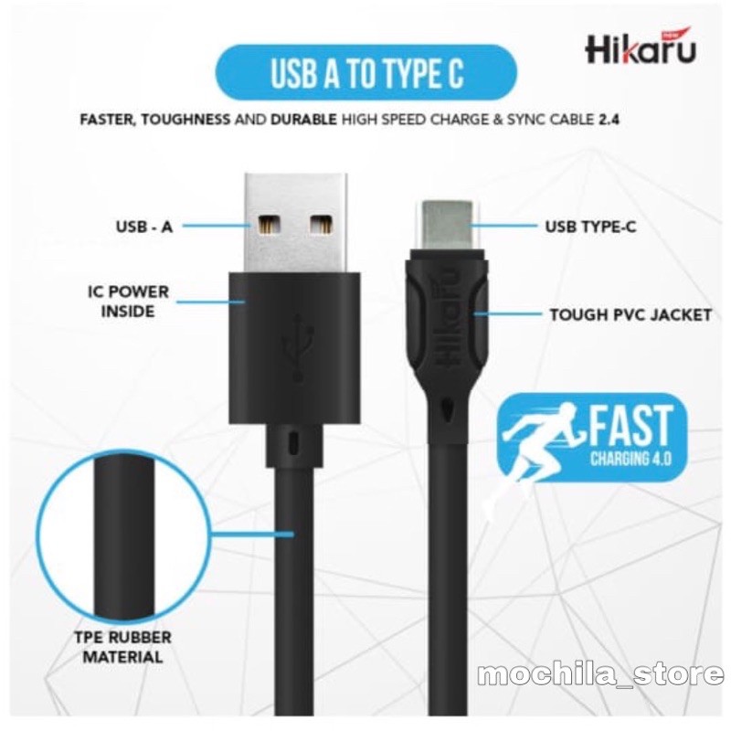 Kabel Data Fast Charging Tipe C / Type C - Dura Fast 2.4A - Fast Charging - 1 Meter - Hikaru