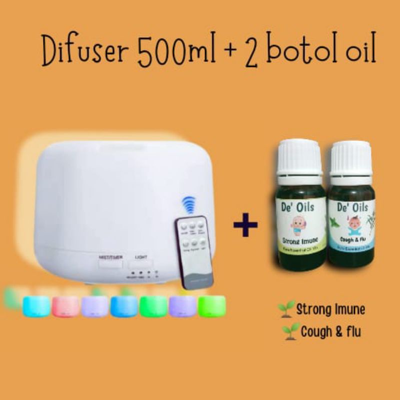 De'Oils Paket Difuser 500ml + De'Oils Essential Oil Murni Berkualitas Imune Booster Aromateraphy