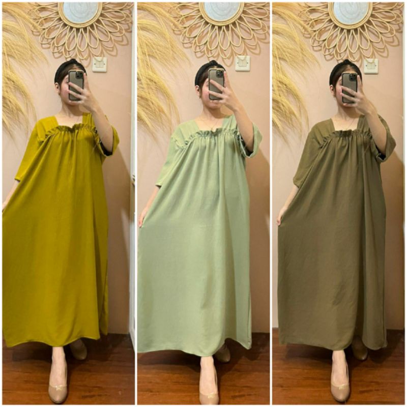 BISA COD AZKIYAHIJAB ZURA DRESS CRINCKLE AIRFLOW HOMEDRESS POLOS KARET DADA JUMBO MIDI DRESS PENDEK 