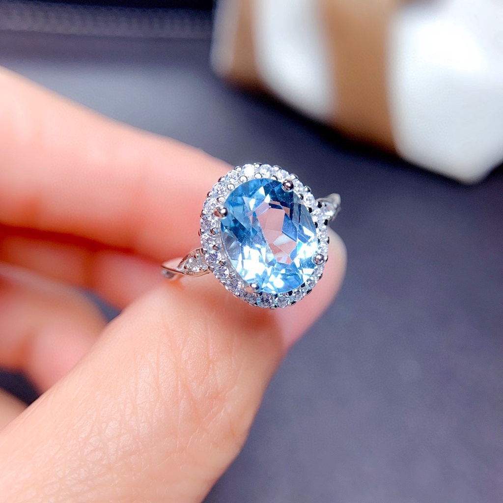 Cincin Berlian Oval Wanita 925 Perak Langit Biru