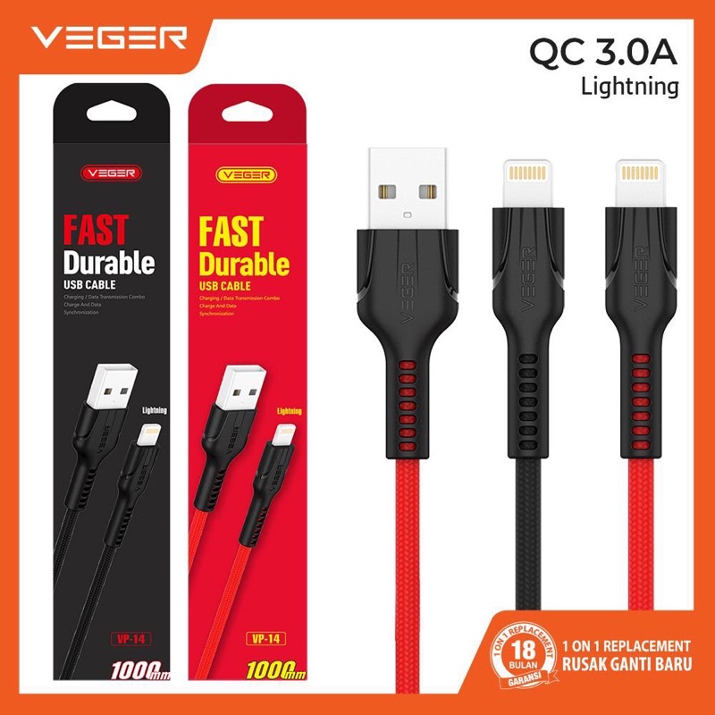 Kabel Data Veger Vp-14 Iphone usb Fast Charging 3.0A 1000mm Original