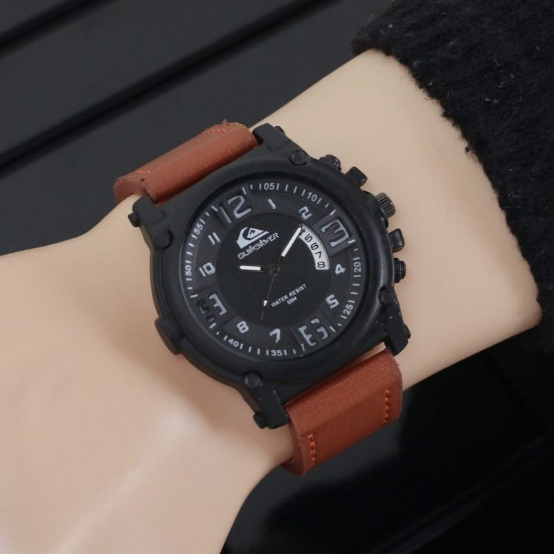 JAM TANGAN FASHION PRIA QUIKSILVER 2131SL TANGGAL AKTIF TALI KULIT FREE BOX &amp; BATERAI CADANGAN