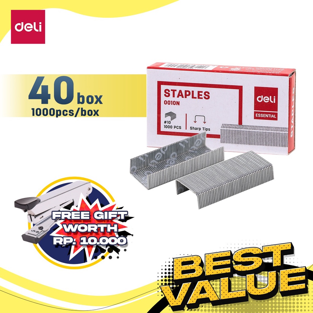 

Deli Paket Kombo ATK Ekonomis 40 box Isi Refill Staples No. 10 Gratis Stapler E0010N