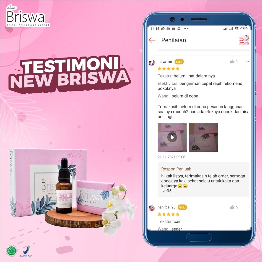 New Briswa – Beauty Packpage Paket Minyak Bulus Premium &amp; Sabun Briswa Body Solusi Atasi Masalah Payudara Kendur Hilangkan Bekas Jerawat Flek Hitam Kencangkan Payudara Kurangi Keriput Atasi Strech Mark / Seluit Pasca Melahirkan Hilangkan Bekas Luka Bakar