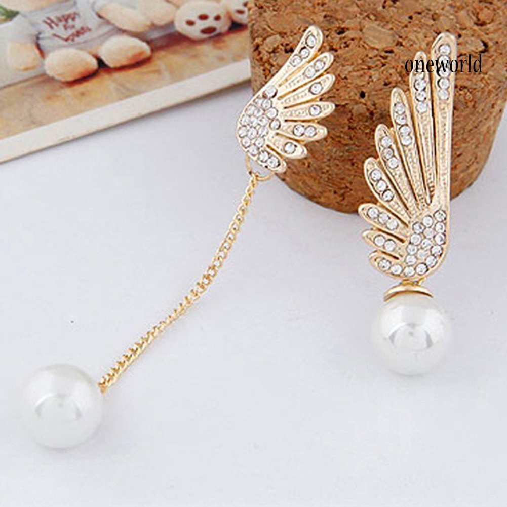 OW@ Asymmetric Rhinestone Inlaid Angel Wings Tassel Faux Pearl Women Stud Earrings