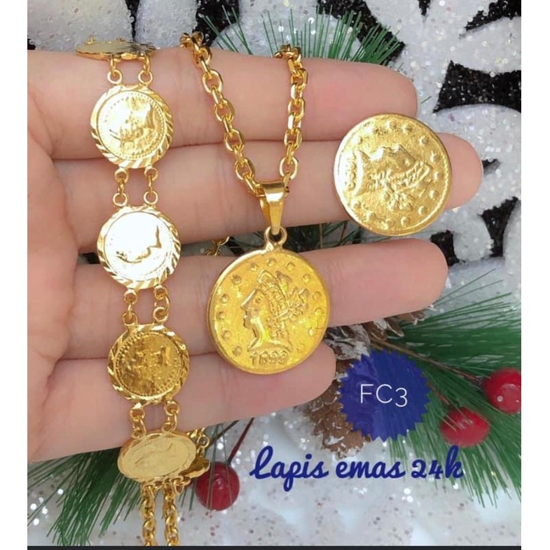 (SEP) Set Perhiasan Lapis Emas 24 Karat Xuping Gelang Cincin Kalung Liontin Koin Gold Mewah Titanium