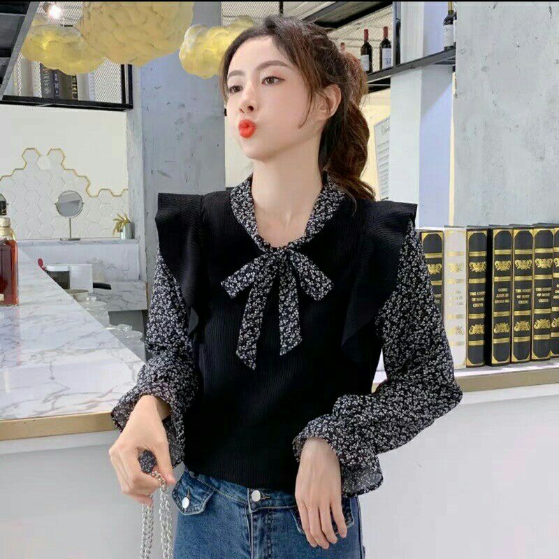 0389 Baju atasan blouse rajut lengan balon wanita import baju blouse rajut cewek import korea hitam