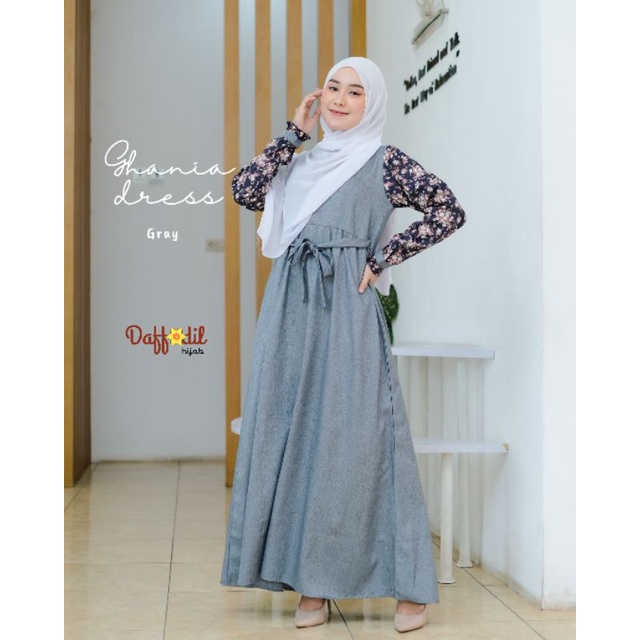 GAMIS KOMBINASI KATUN MADINAH POLOS & KATUN JEPANG MOTIF BUNGA - GHANIA DRESS