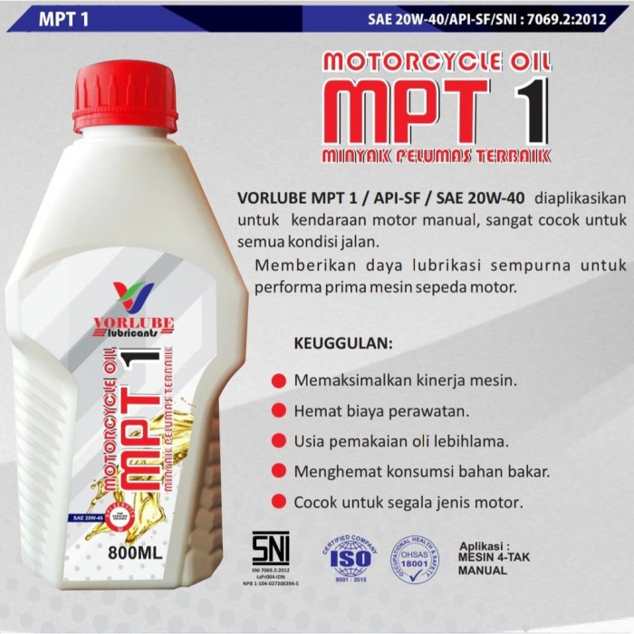 Vorlube MPT 1 SAE 20W40 API SF 0,8 L 800 ml Oli Motor Manual SNI