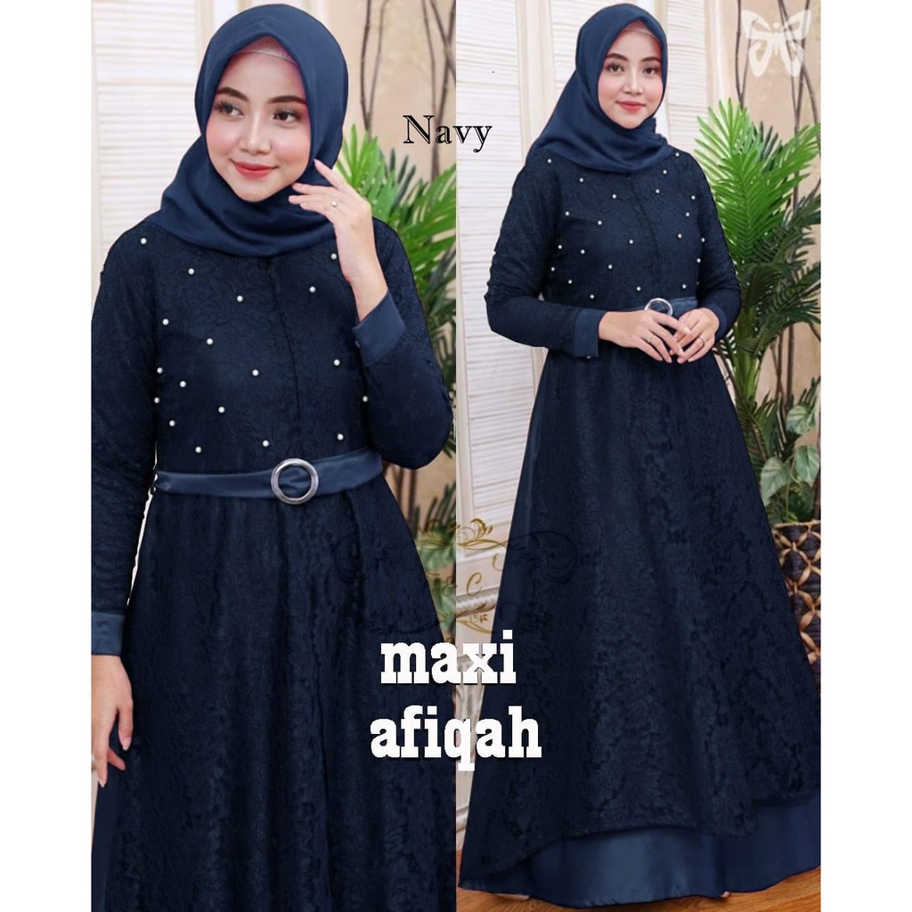 Afiqah / Baju Muslim Maxi Gaun Brukat Terusan Dress Wanita Jumbo Motif Mutiara  XXL Ada Belt