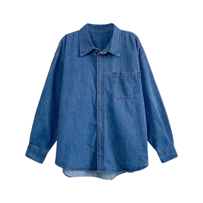 Suhao kemeja denim gaya Jepang wanita mantel atas lengan panjang kasual longgar setengah panjang-&amp;**