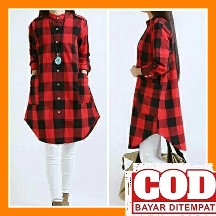 Tunik Kemeja Katun Linen Wash Import Variasi Kotak2 RZ220 [Long Hem Square Ft]Kemeja Wanita Katun