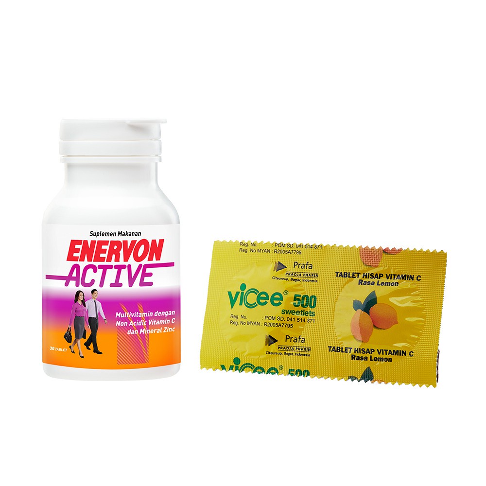 Paket Selalu Active Bulanan Multivitamin (1 Botol Enervon Active + 30 Strip Vicee Lemon Vitamin C dan B Complex)
