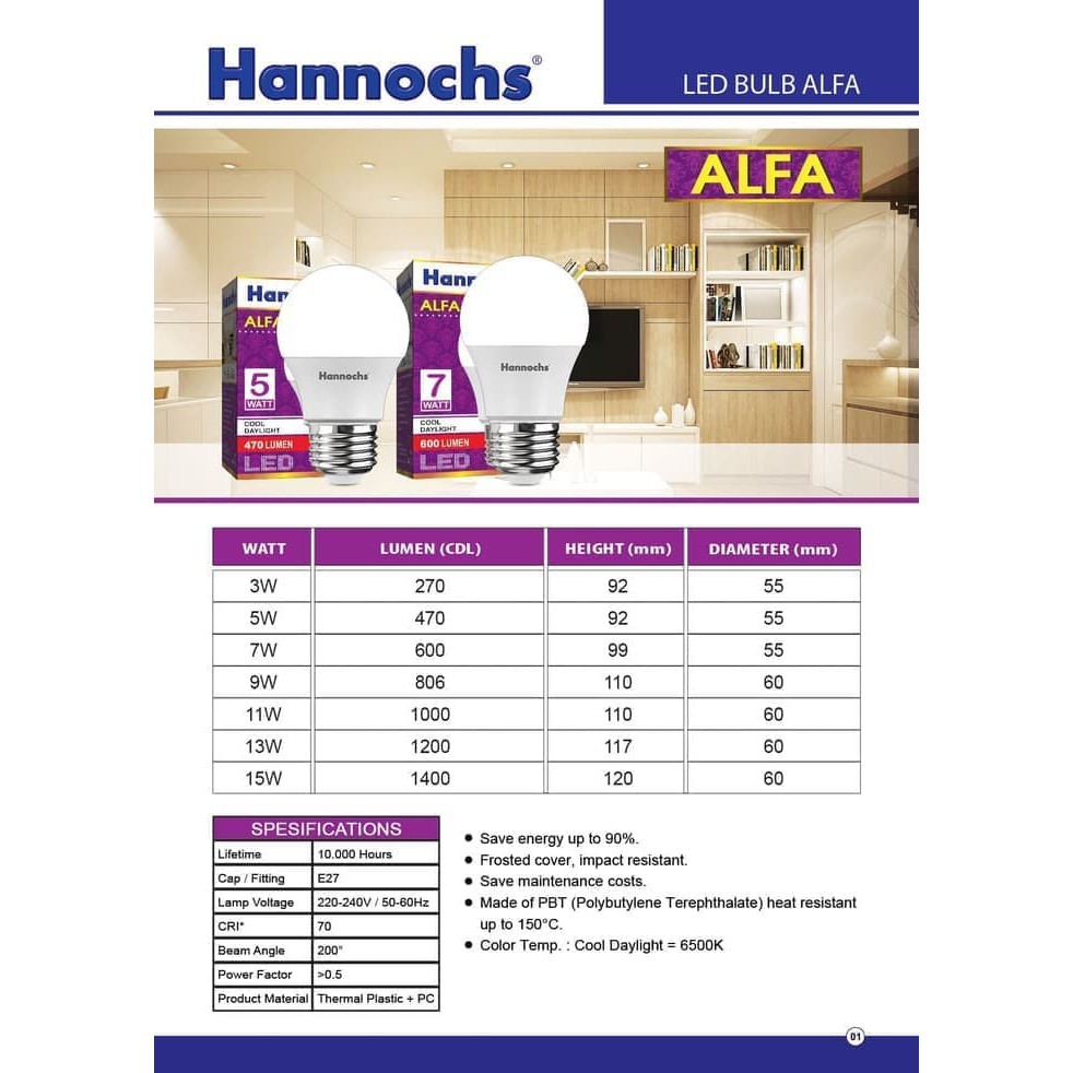 Hannochs - Lampu LED Alfa - 15 watt - cahaya Putih Hannochs