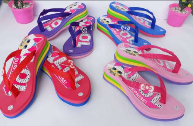 Sandal wedges spon anak L.O.L pelangi