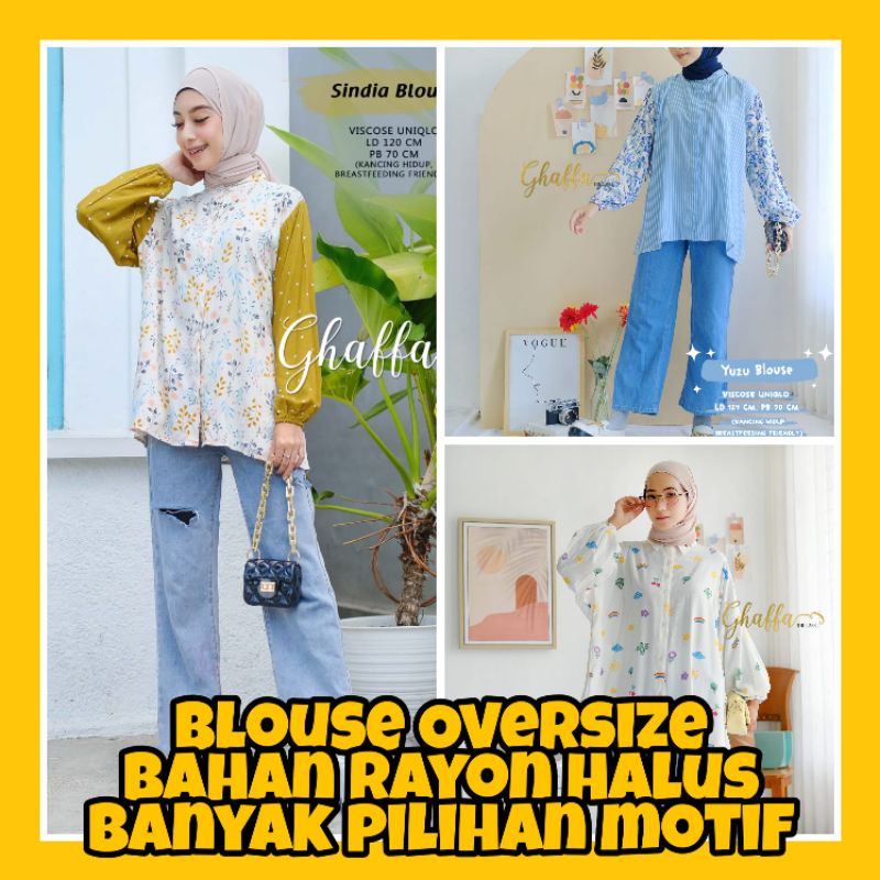 Blouse Tunik Oversize Wanita Bahan Rayon Uniqlo Warna Putih Motif Bunga Modern Korean Style Kekinian